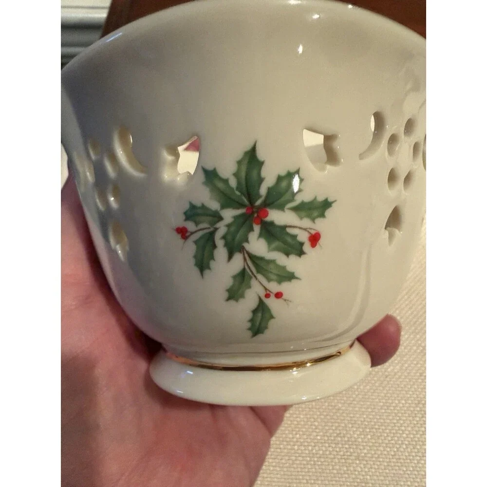 Lenox Holiday Pierced Bowl Classic Holly and Berry Motif with Gold Trim USA